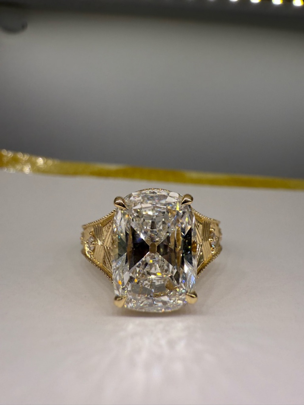 5.01 carat F VS1 antique cut cushion lab diamond engraved band Engagement Ring
